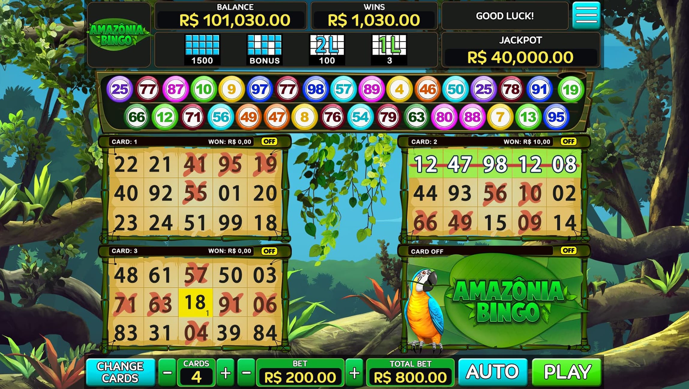 Amazonia bingo game screen