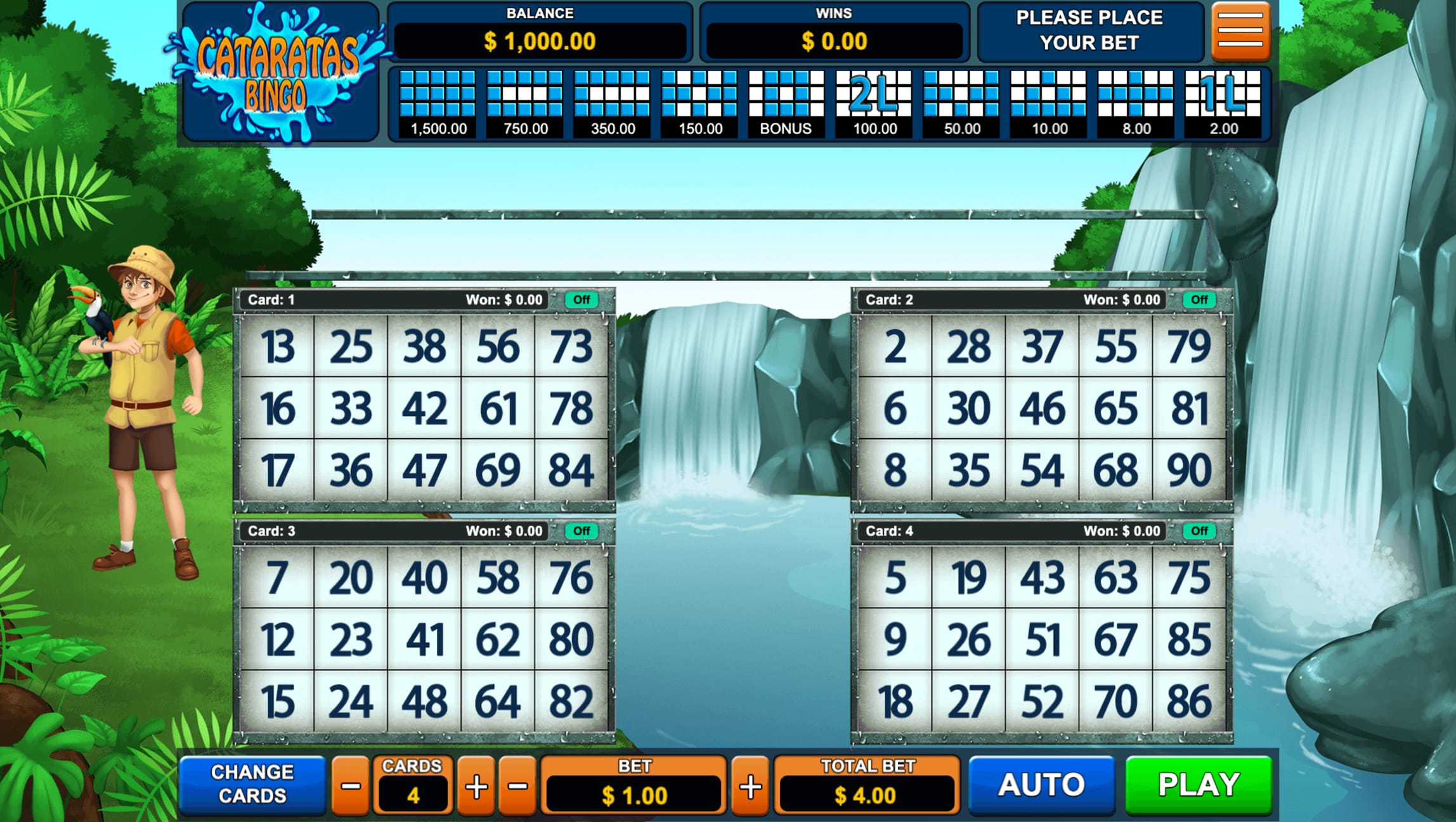 Cataratas Bingo game screen