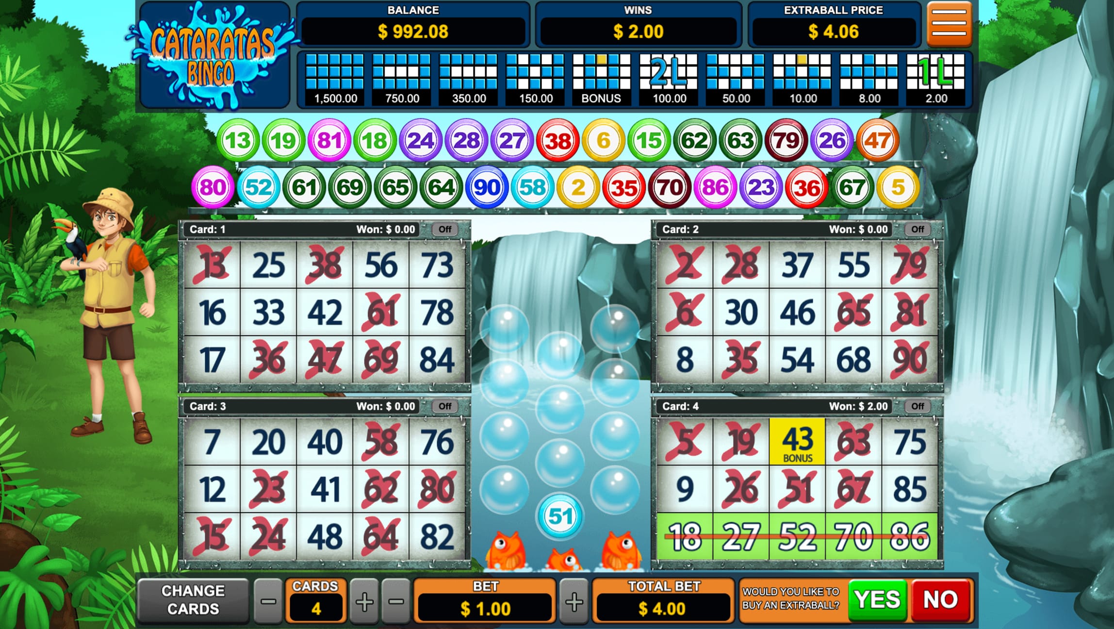 Cataratas Bingo game screen